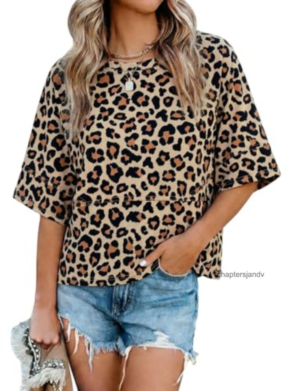 Women's Leopard Print 3/4 Sleeve Loose Fit T-Shirt